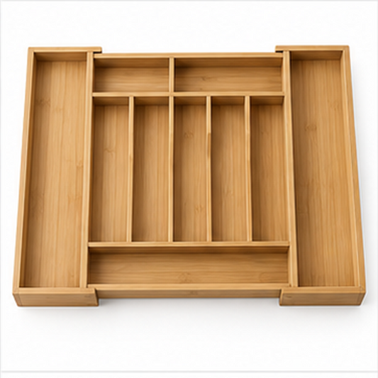 Expandable Bamboo Cutlery Tray on a white background