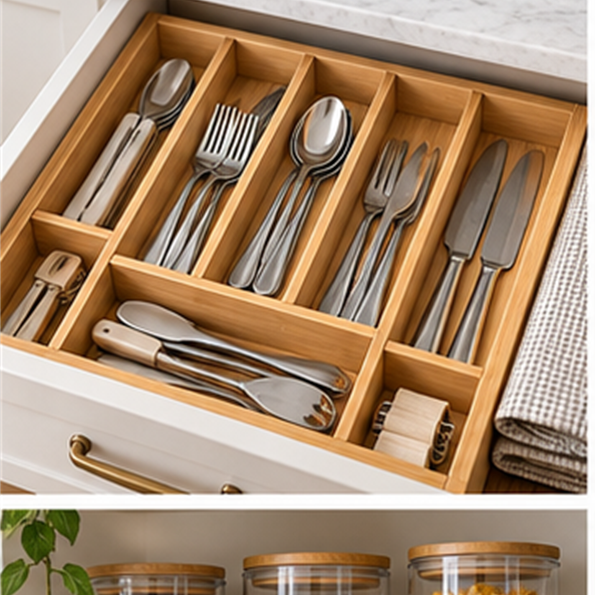 Expandable Bamboo Cutlery Tray in use