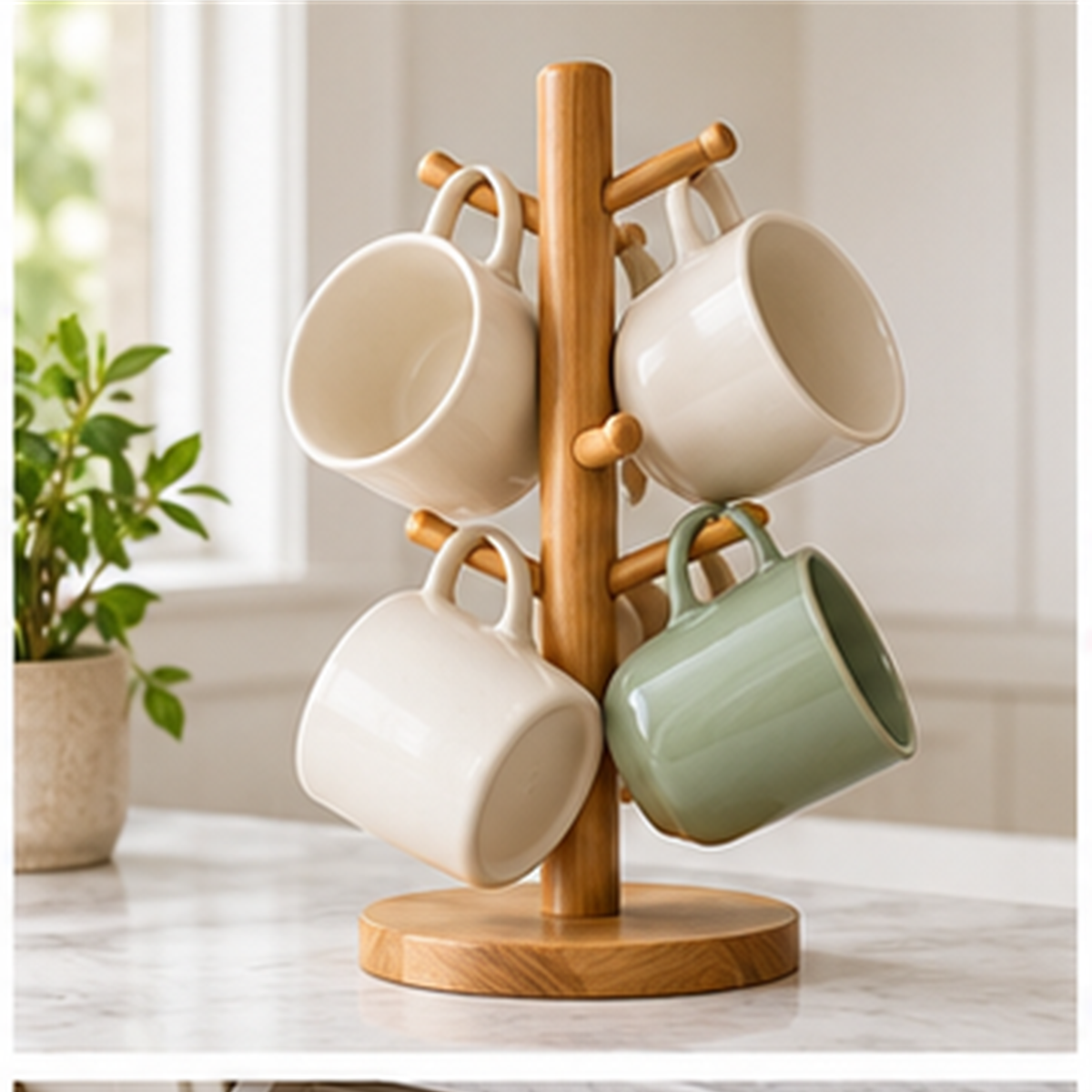 Minimal Wood Mug Tree in use