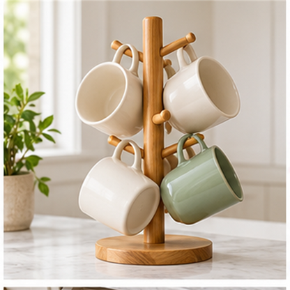 Minimal Wood Mug Tree in use
