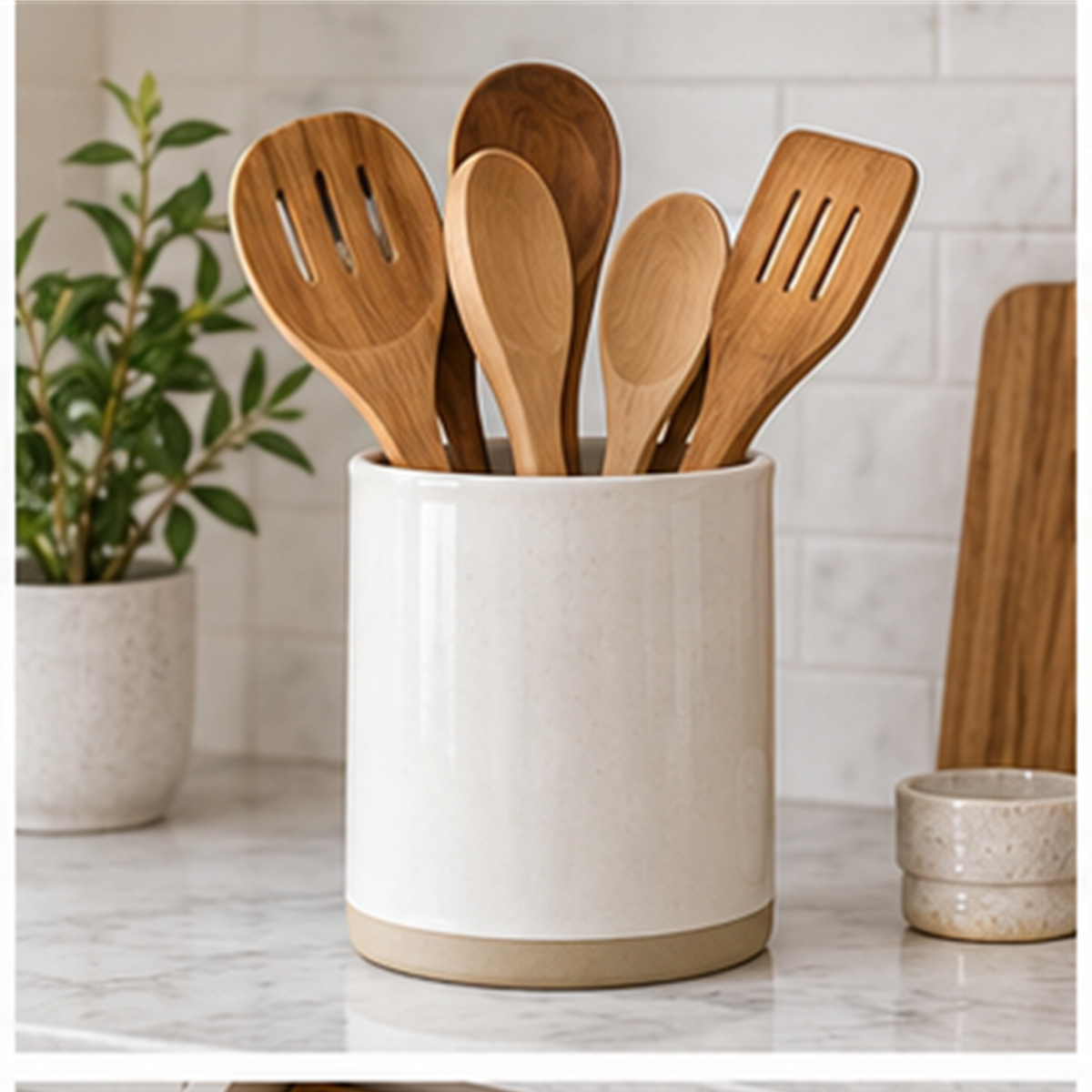 Ribbed Ceramic Utensil Holder in use