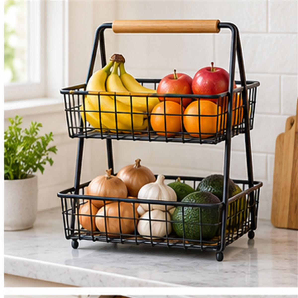 Two Tier Countertop Basket Rack in use
